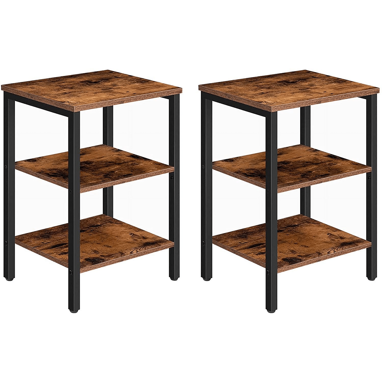 Two wooden side tables with black metal legs on a white background