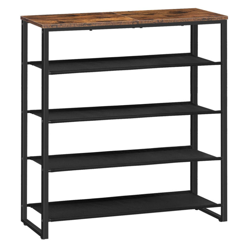 HOOBRO Industrial Retro Brown 5-Tier Shoe Organizer with 4 Oxford Cloth Shelves & Top Panel