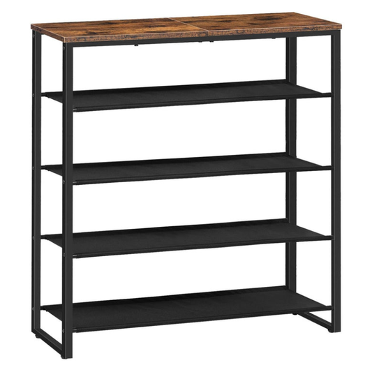 HOOBRO Industrial Retro Brown 5-Tier Shoe Organizer with 4 Oxford Cloth Shelves & Top Panel