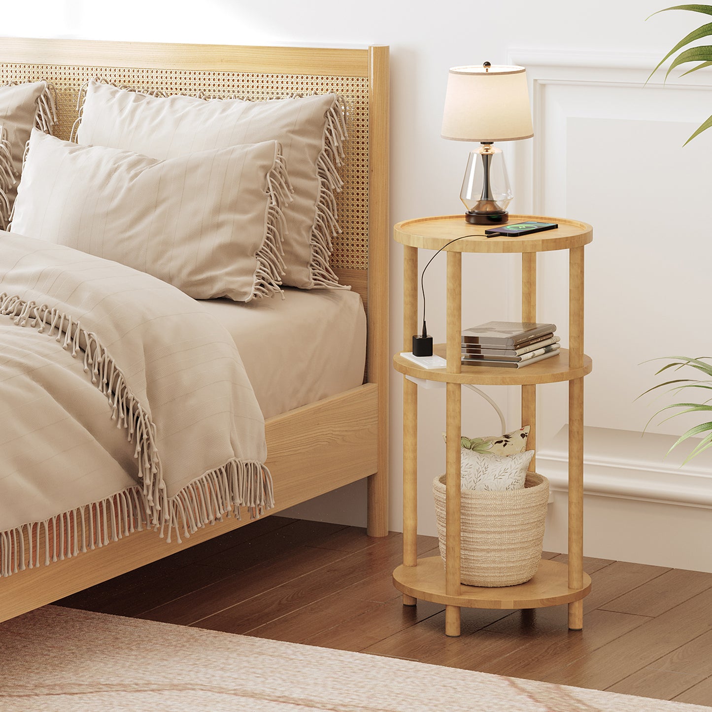 HOOBRO 3-Tier Small Round Side Table with Charging Station