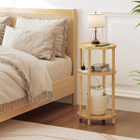 HOOBRO 3-Tier Small Round Side Table with Charging Station
