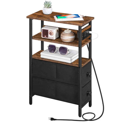 Three-tiered wooden shelf with black metal frame, featuring a plant, books, sunglasses, and a power strip on a white background.