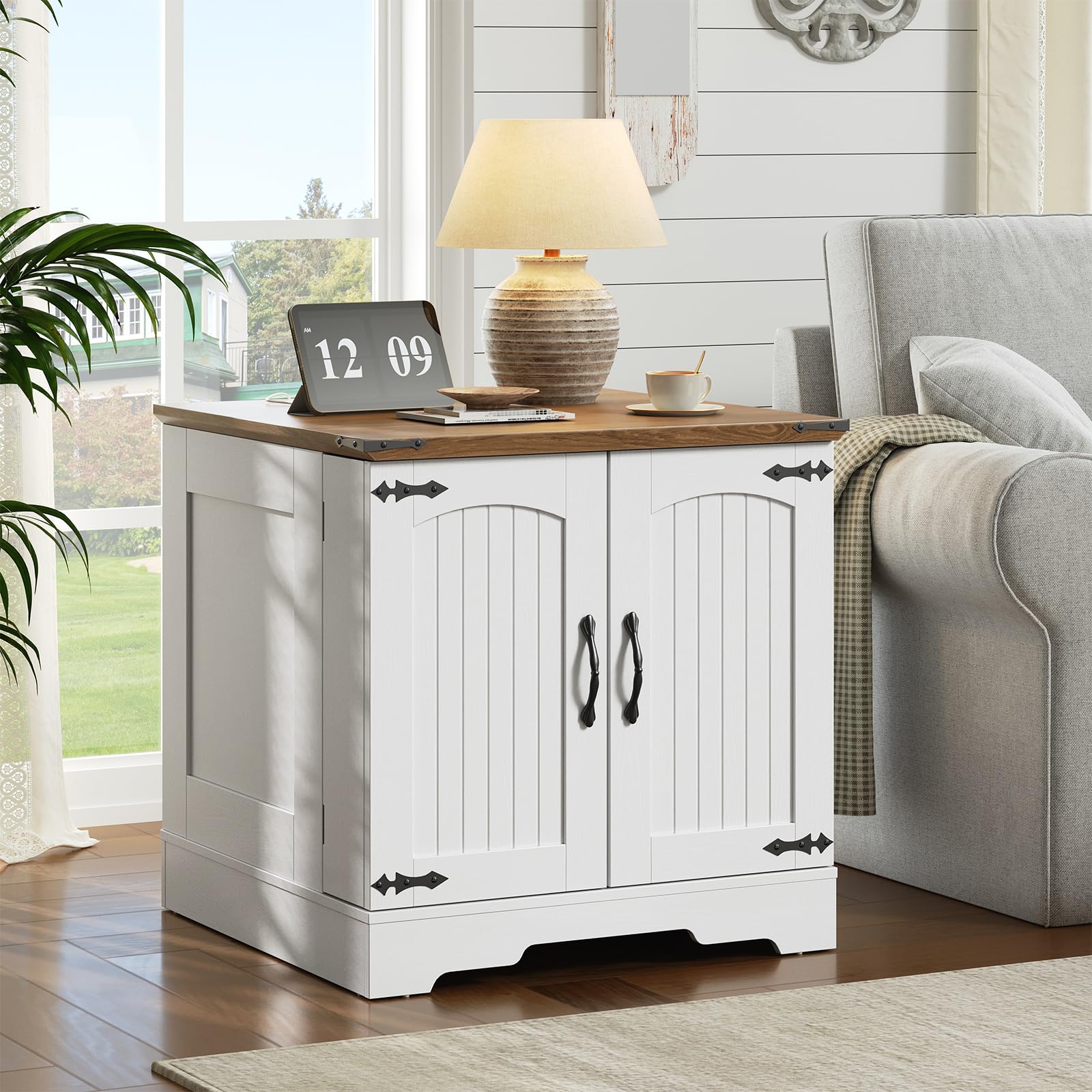 White cabinet with wooden top in a living room setting