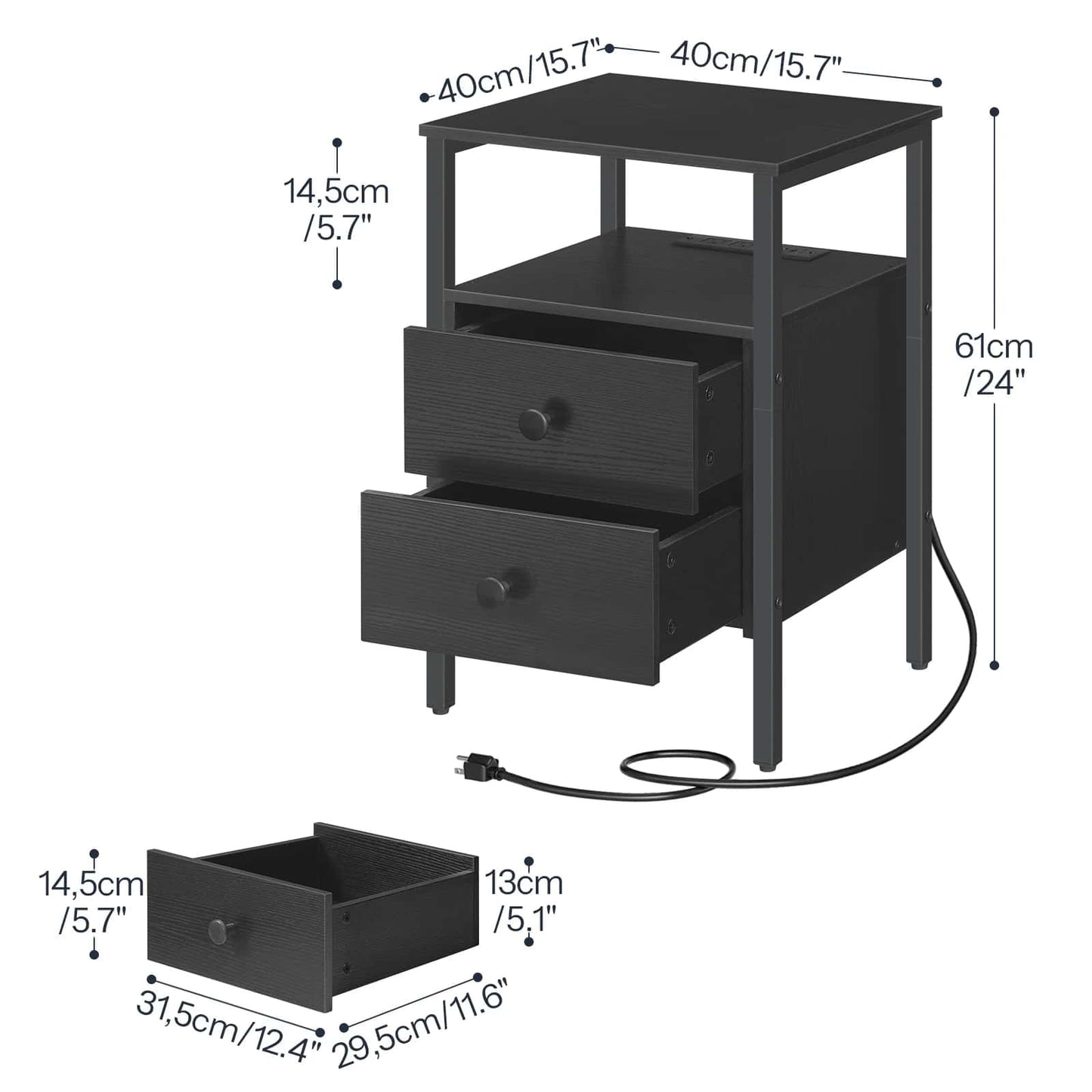 Detailed 3D size schematic showing internal drawer dimensions of the 24-inch tall bedside table.