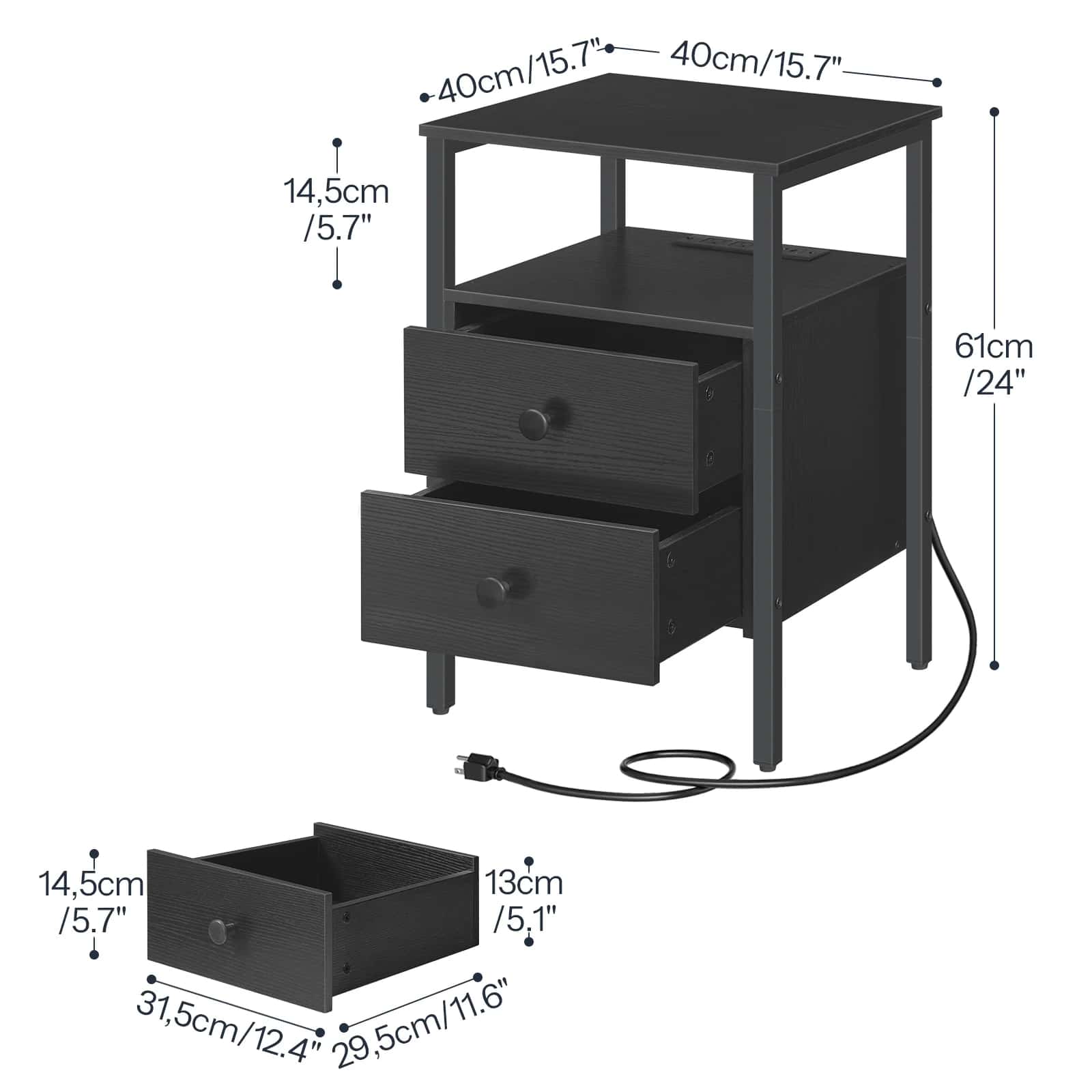 Detailed 3D size schematic showing internal drawer dimensions of the 24-inch tall bedside table.