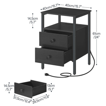 Detailed 3D size schematic showing internal drawer dimensions of the 24-inch tall bedside table.