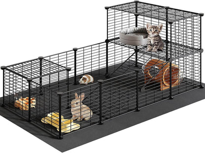 Pet cage with multiple levels and accessories for small animals on a white background