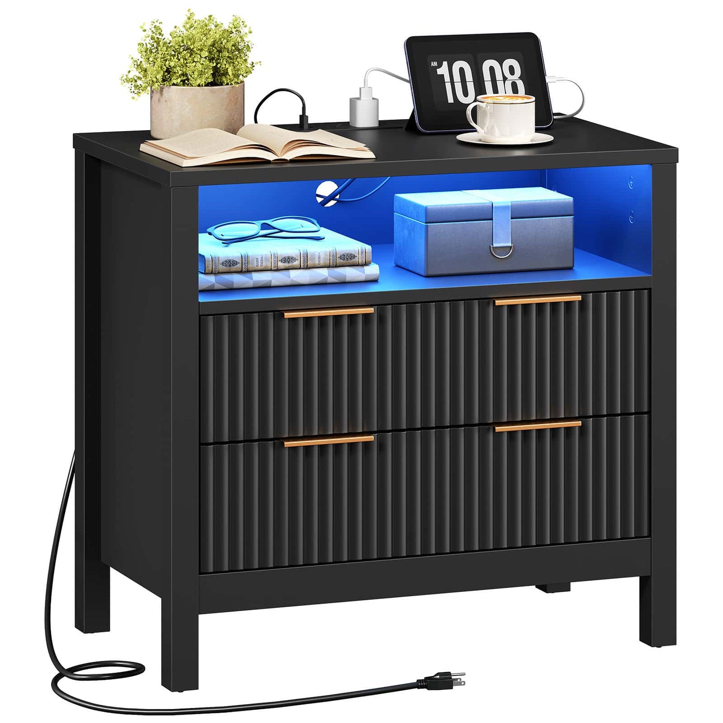 Black nightstand with blue LED lighting, books, a plant, and a clock on top.