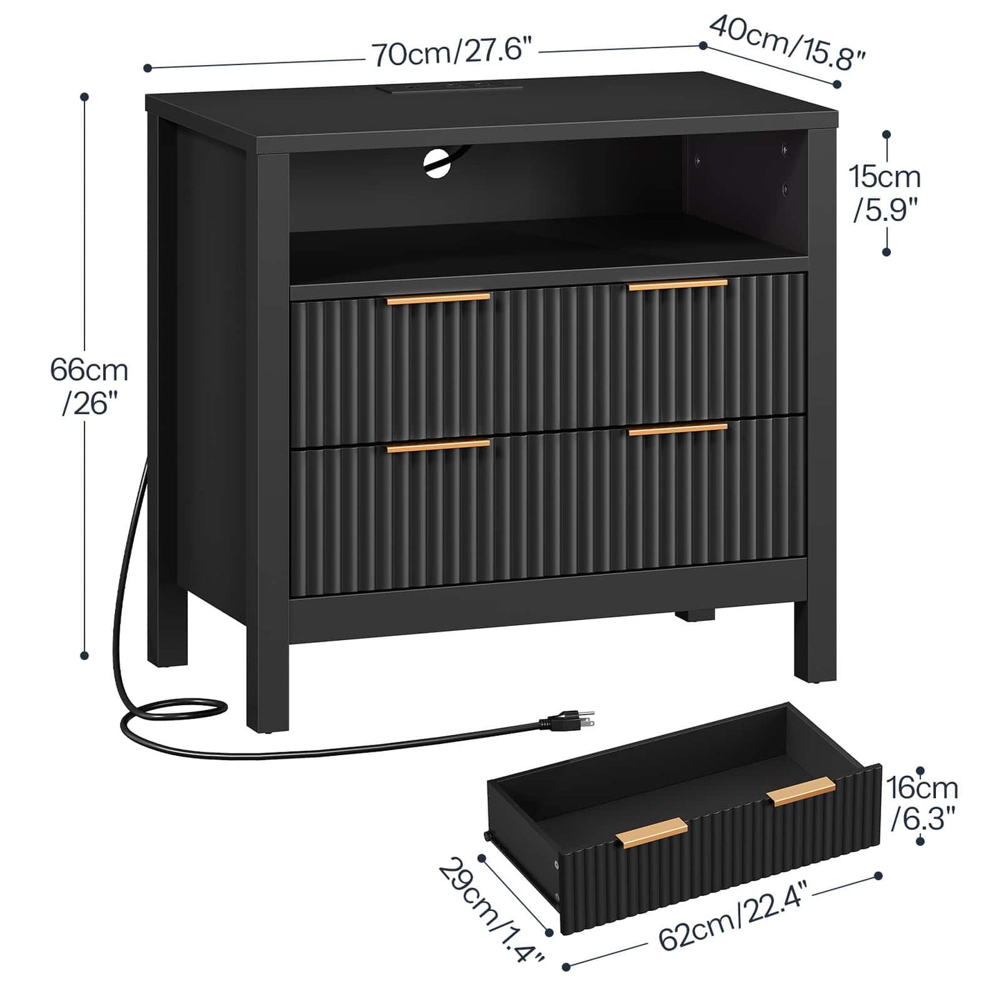 Black nightstand with dimensions labeled on a white background