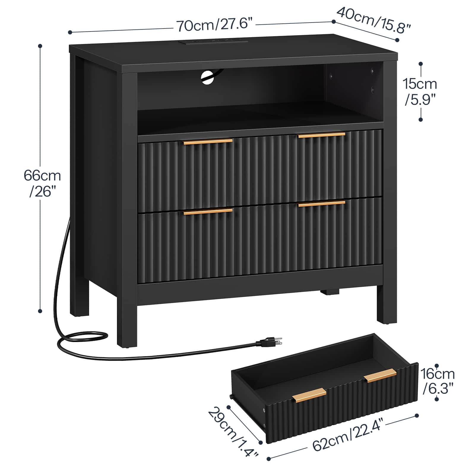 Black nightstand with dimensions labeled on a white background