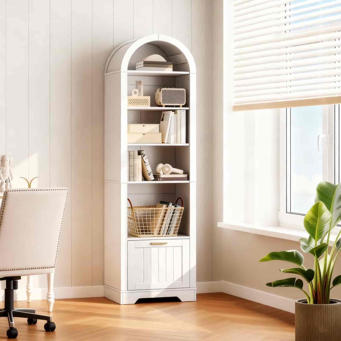 Tall white bookshelf with decorative items in a room with a window and chair.