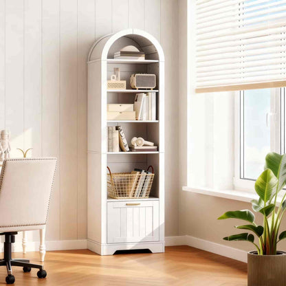 Tall white bookshelf with decorative items in a room with a window and chair.