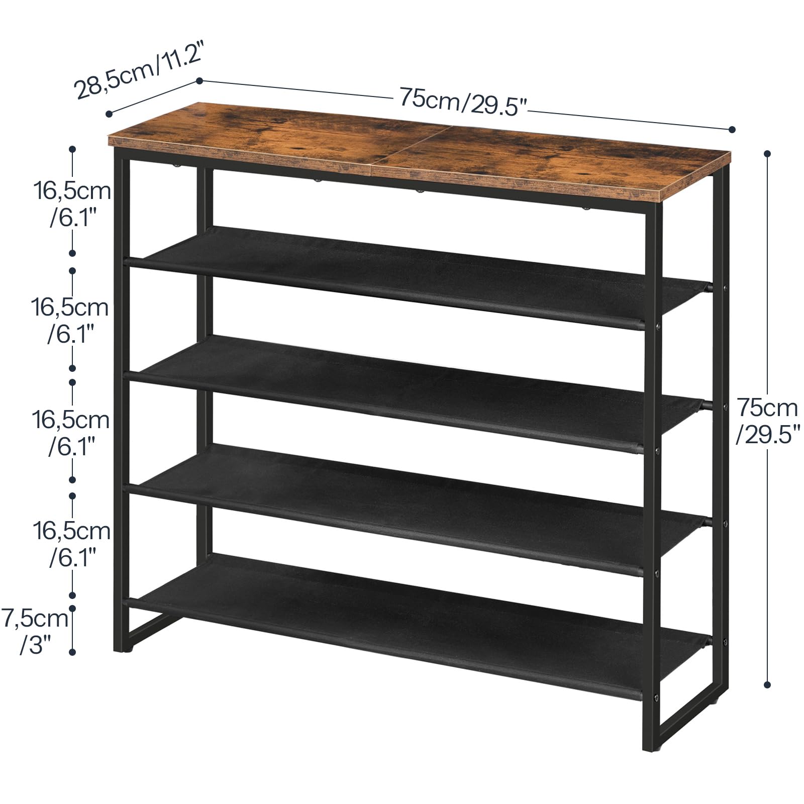 Product size dimensions chart for the 29.5-inch wide 5-tier shoe shelf showing layer height gaps.