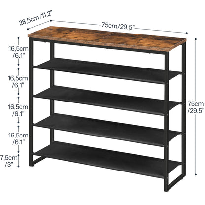 Product size dimensions chart for the 29.5-inch wide 5-tier shoe shelf showing layer height gaps.
