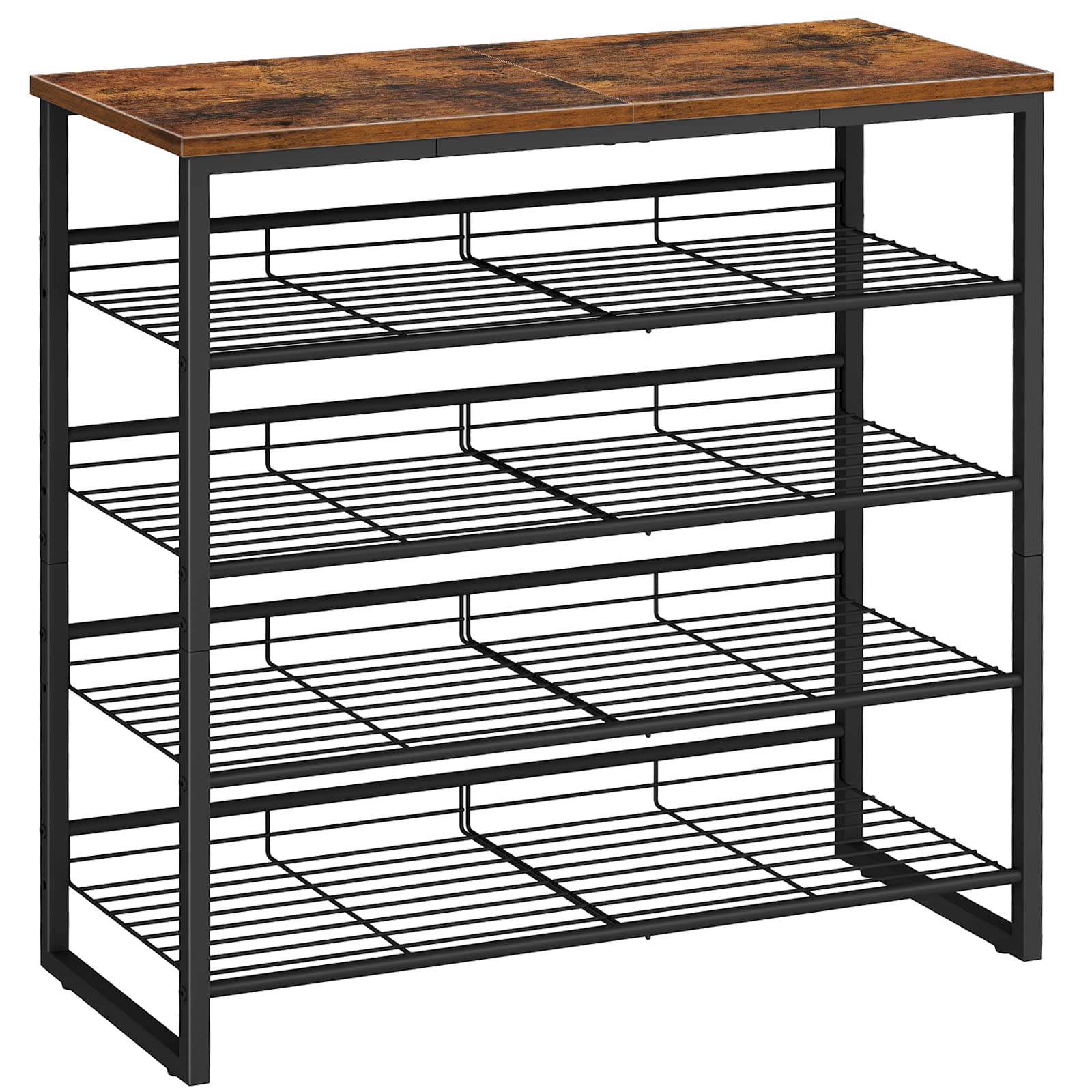 Shoe rack with wooden top and metal shelves on a white background