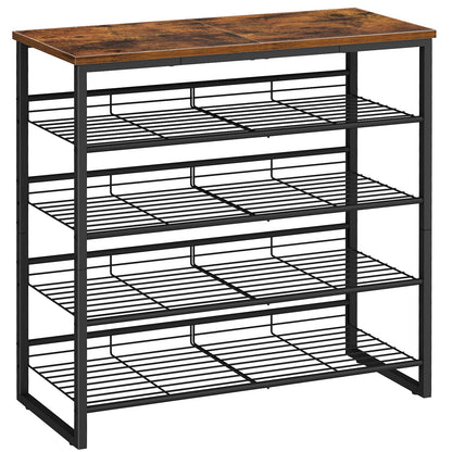 Shoe rack with wooden top and metal shelves on a white background