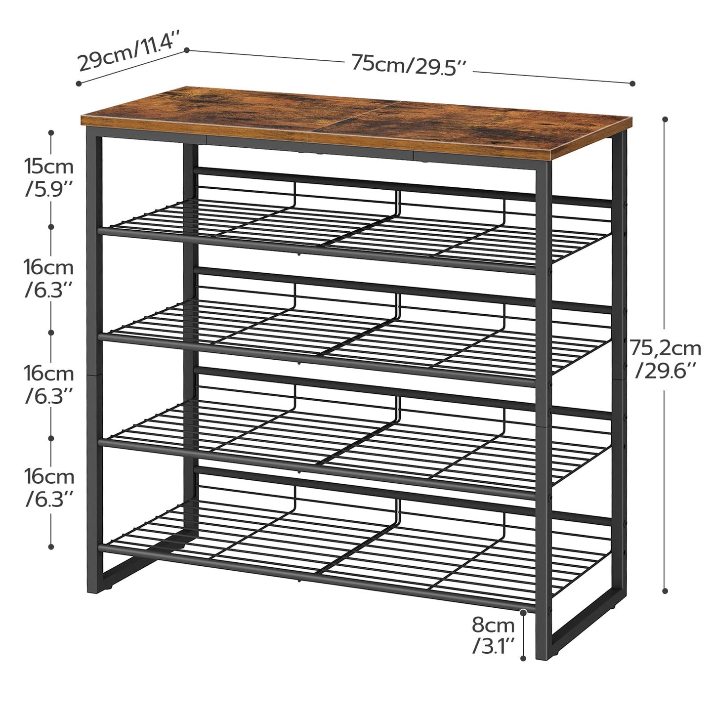 Shoe rack with dimensions labeled on a white background