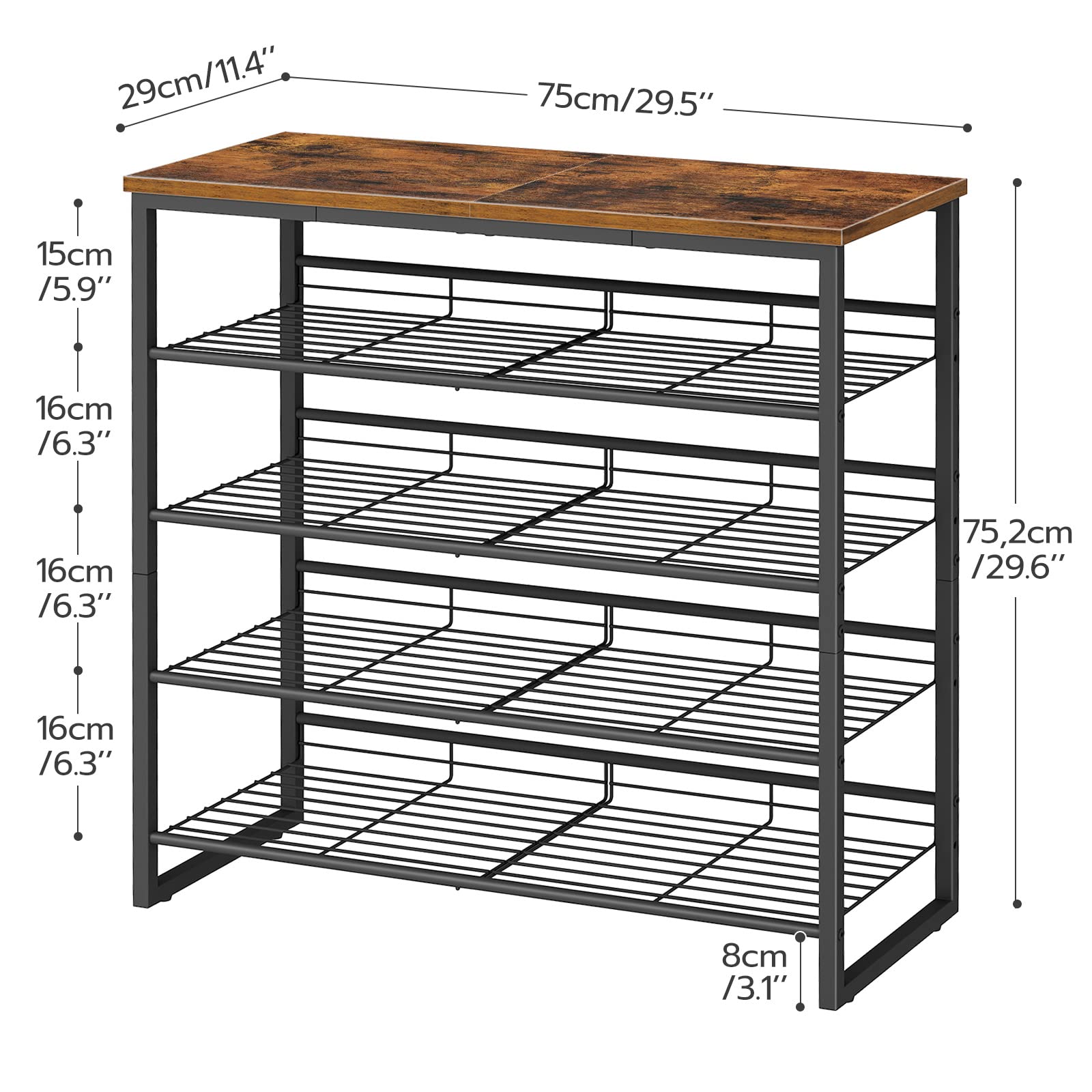Shoe rack with dimensions labeled on a white background