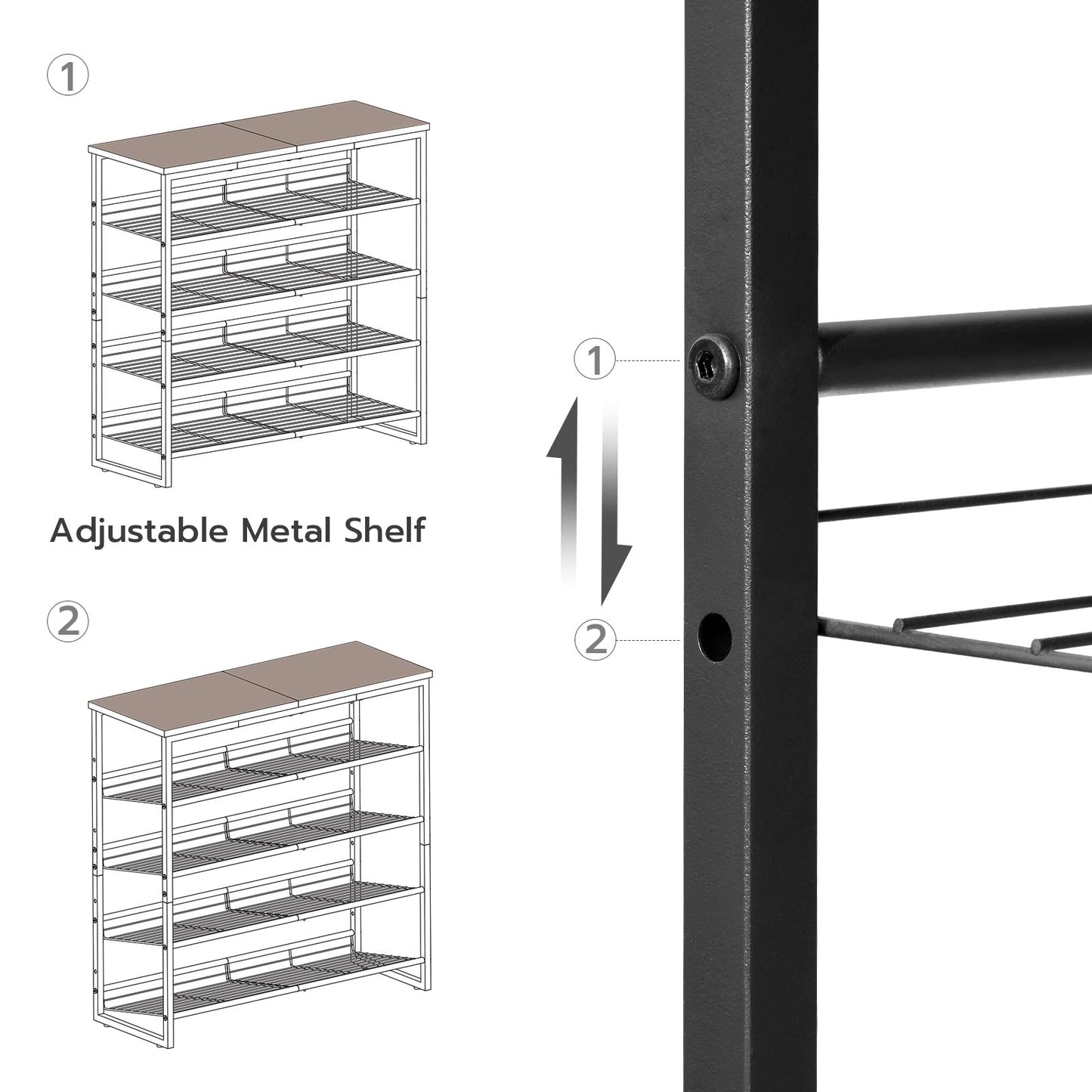 Illustration of an adjustable metal shelf with labeled parts on a white background
