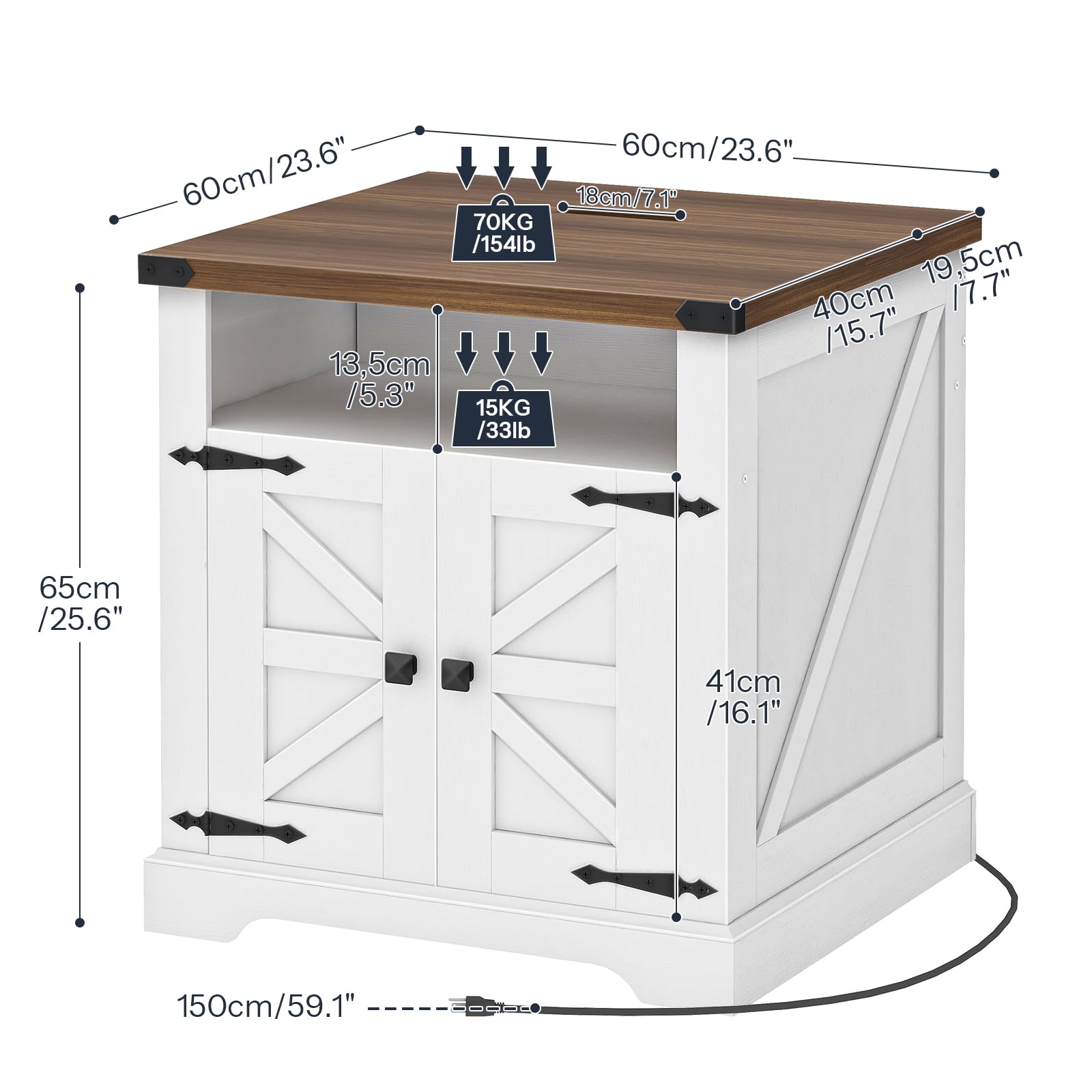 White cabinet with wooden top and dimensions labeled
