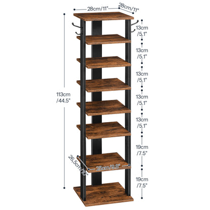 HOOBRO 8-Tier Wooden Vertical Shoe Rack with Hooks