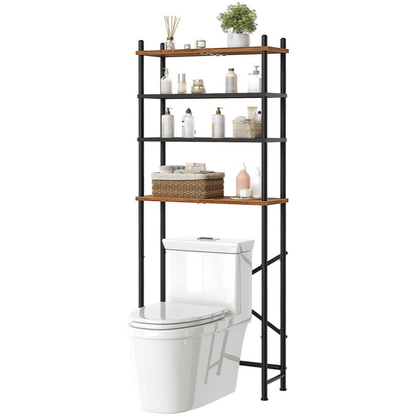 HOOBRO Retro Brown Four-Tier Toilet Above-Room Bathroom Storage Rack with Adjustable Legs