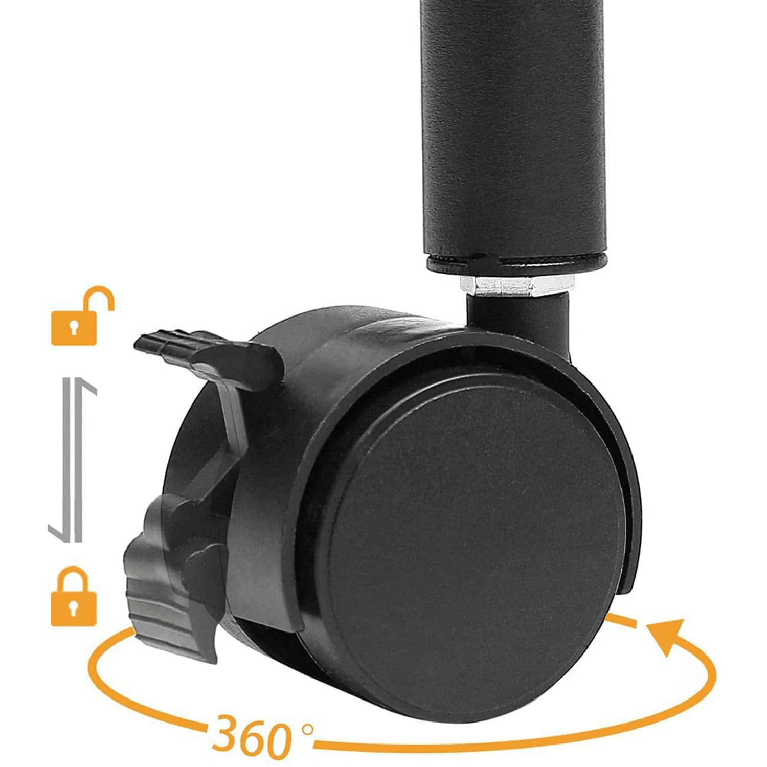 Black caster wheel with a 360-degree rotation feature on a white background