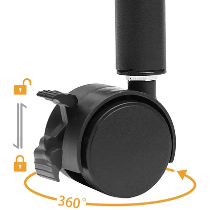 Black caster wheel with a 360-degree rotation feature on a white background