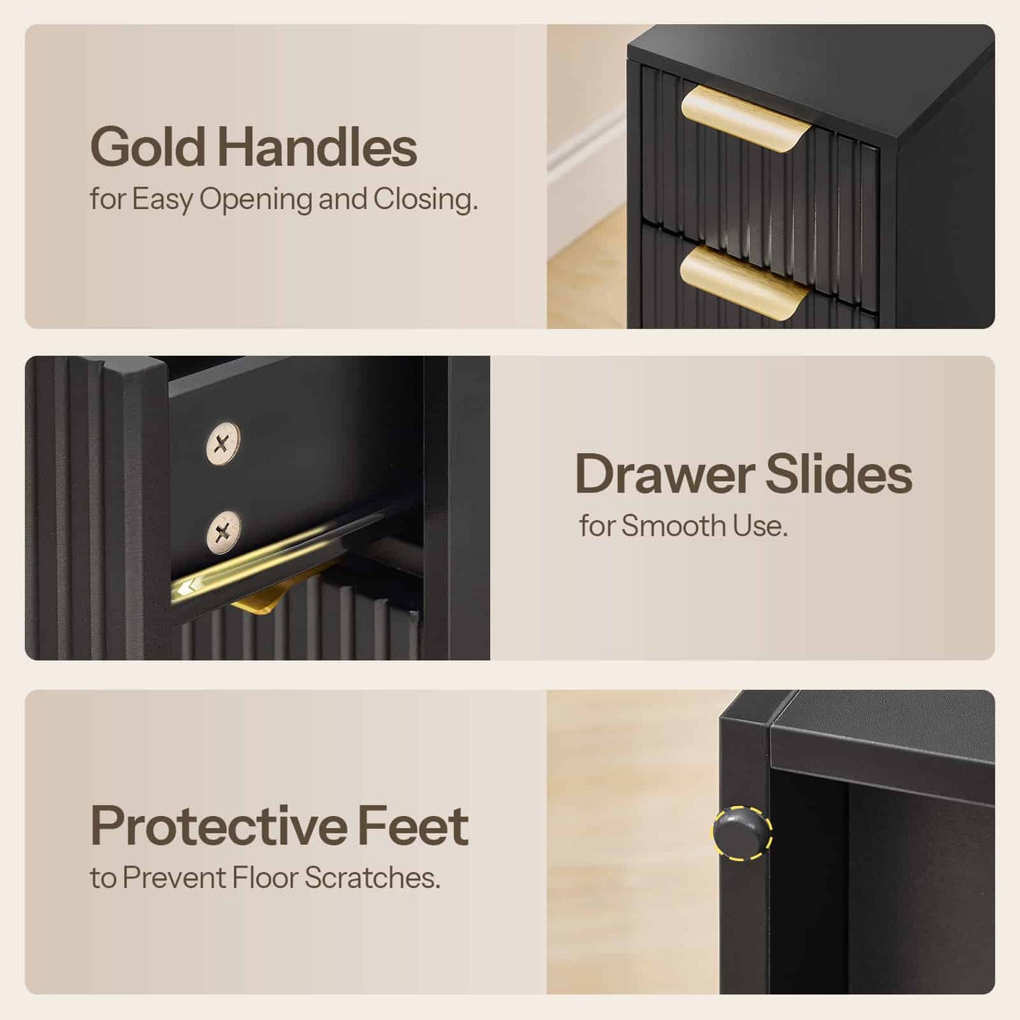 HOOBRO Slim Narrow 2-Drawer Black Fluted Nightstand