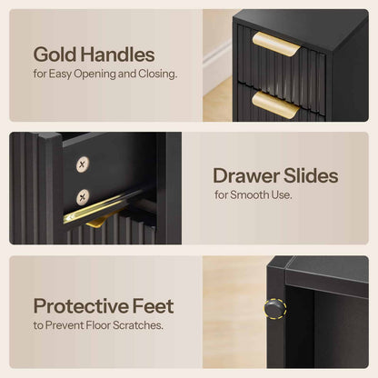 HOOBRO Slim Narrow 2-Drawer Black Fluted Nightstand