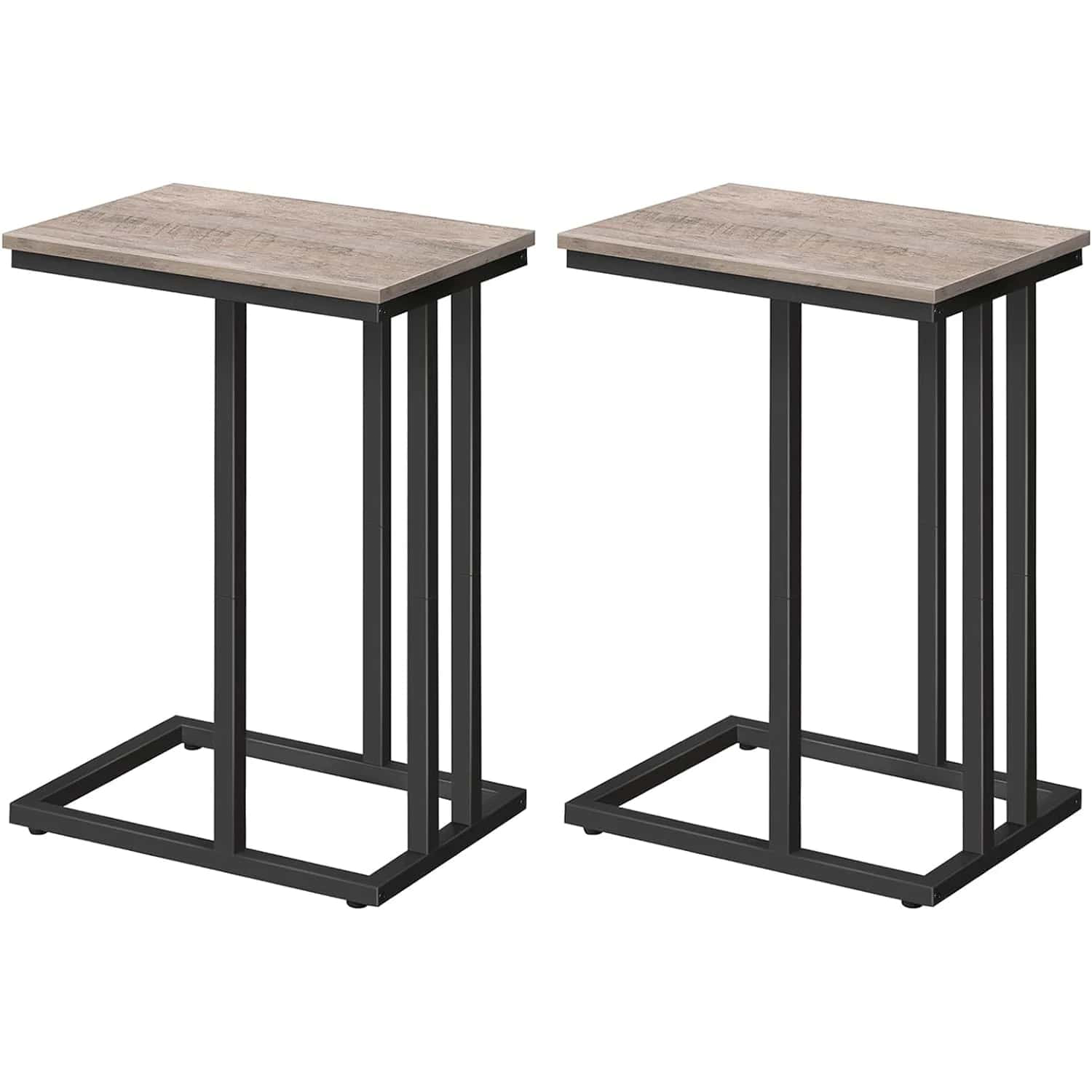 Two small side tables with wooden tops and black metal frames on a white background