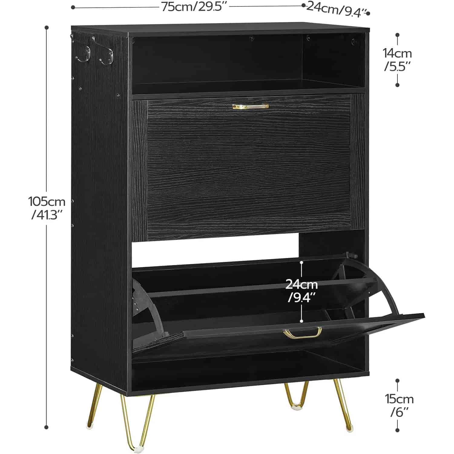Black shoe cabinet with gold legs and open door, showing dimensions on a white background