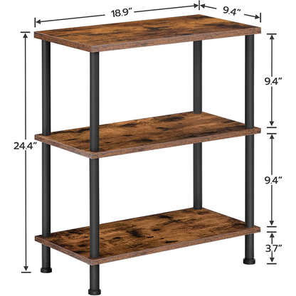 Three-tiered wooden shelf with black metal legs and dimensions on a white background