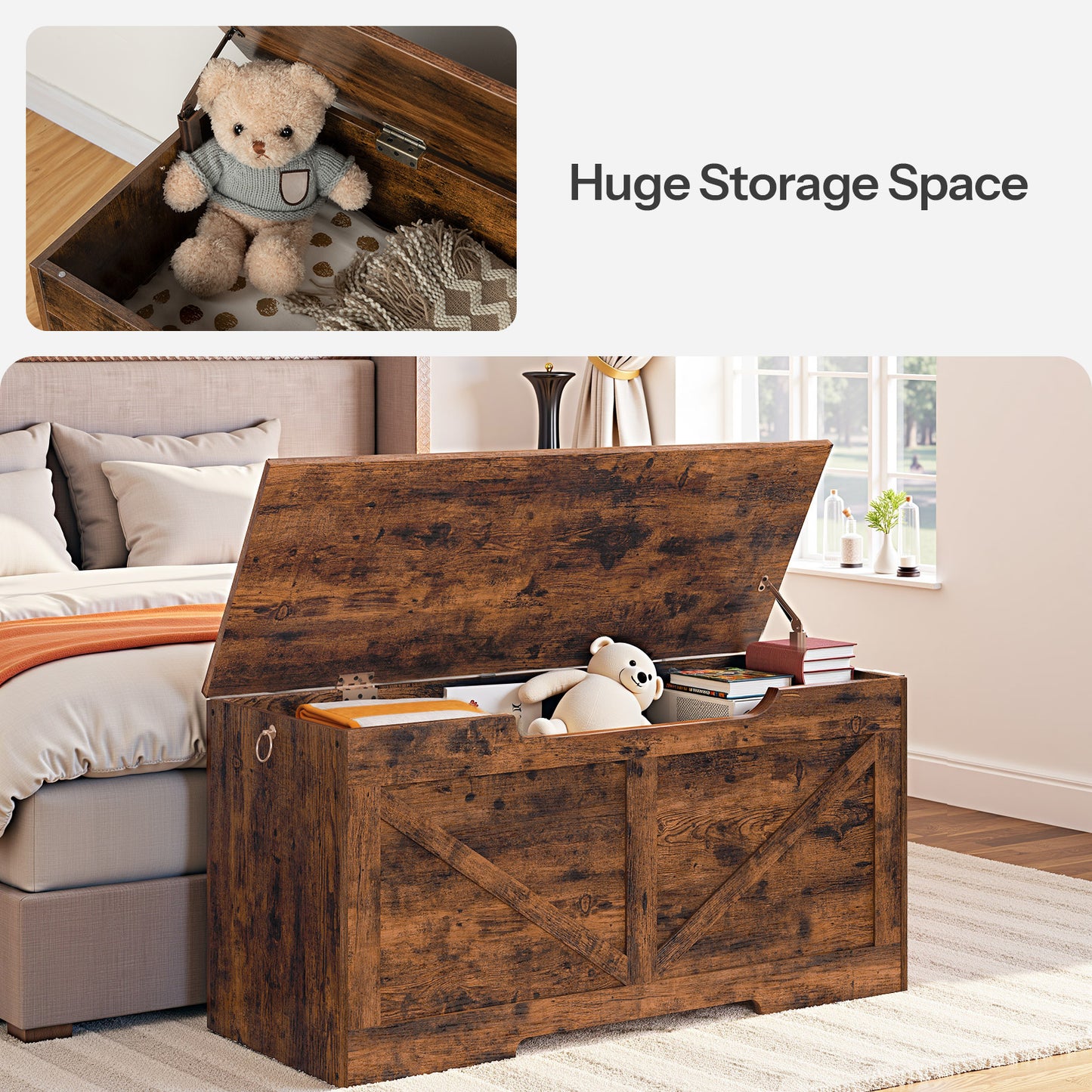 HOOBRO 39.4-inch Wooden Storage Bench with Safety Hinges