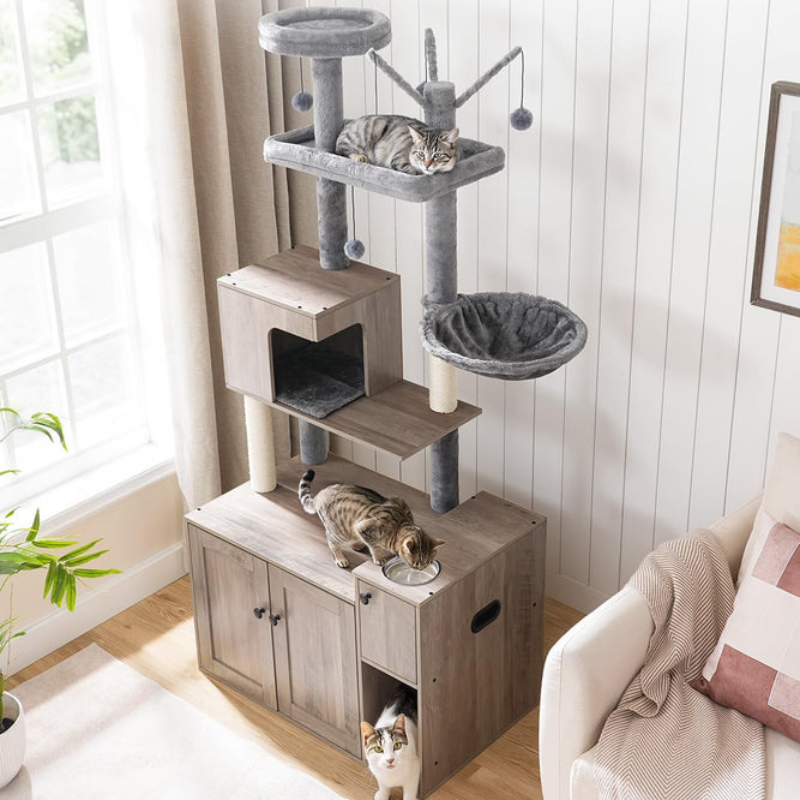HOOBRO Greige 68.9-inch Concealed All-in-One Tall Cat Tree with Litter Box Enclosure