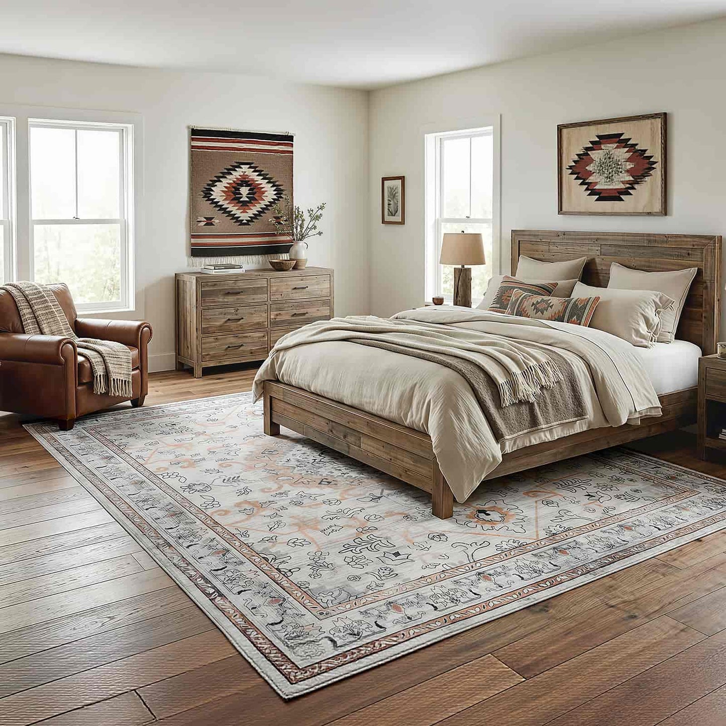 Bedroom with wooden furniture, bed, and decor in a home setting