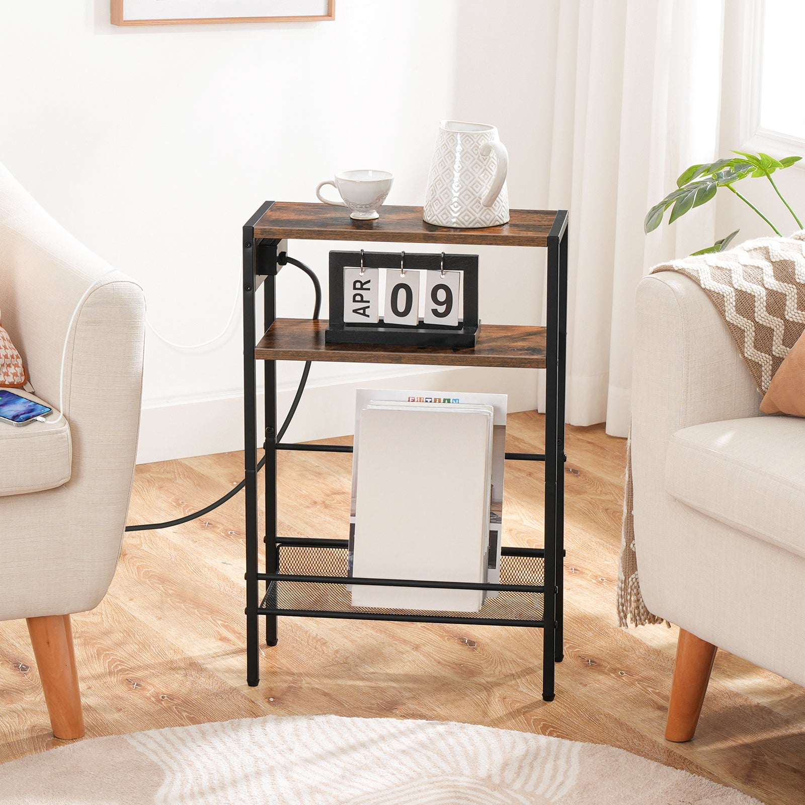 Small wooden side table with a calendar in a living room setting
