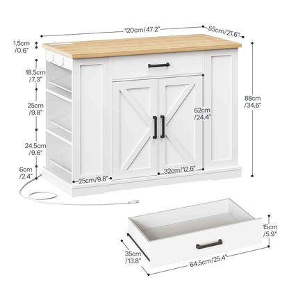 White kitchen island with wooden top and dimensions labeled