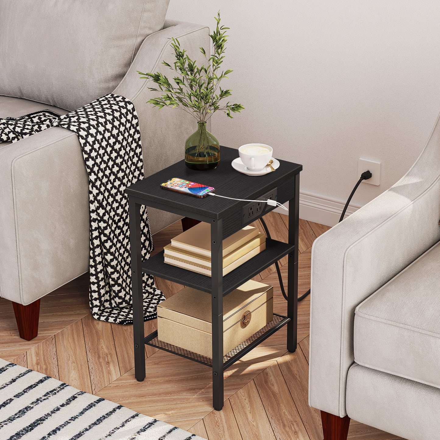 HOOBRO 3-Tier Side Table with Charging Station & USB Port