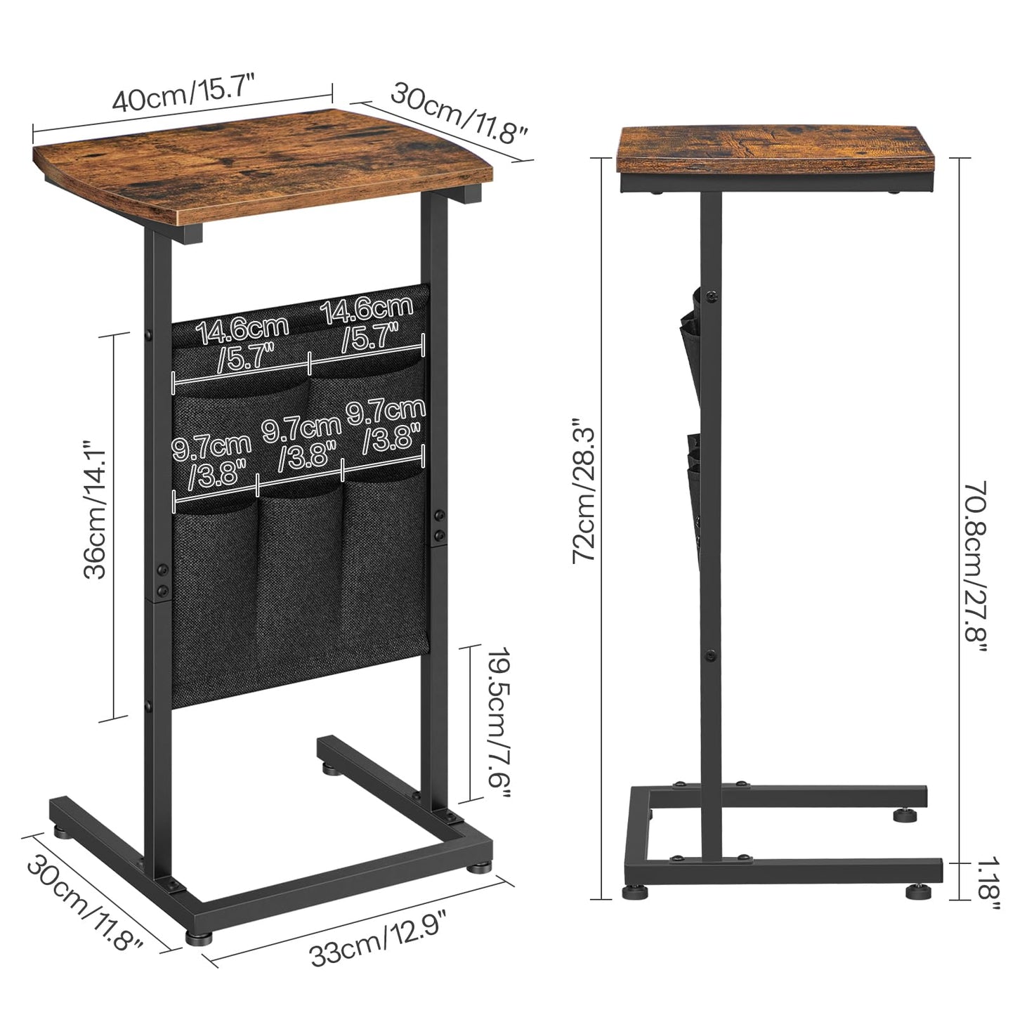 Wooden standing desk with dimensions labeled on a white background