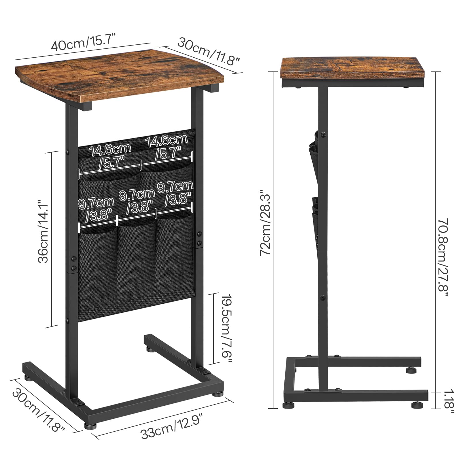 Wooden standing desk with dimensions labeled on a white background