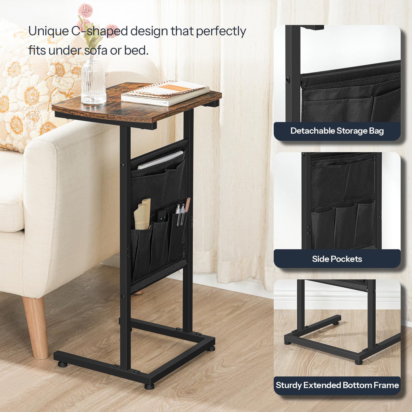 Small table with C-shaped design, detachable storage bag, side pockets, and sturdy bottom frame.