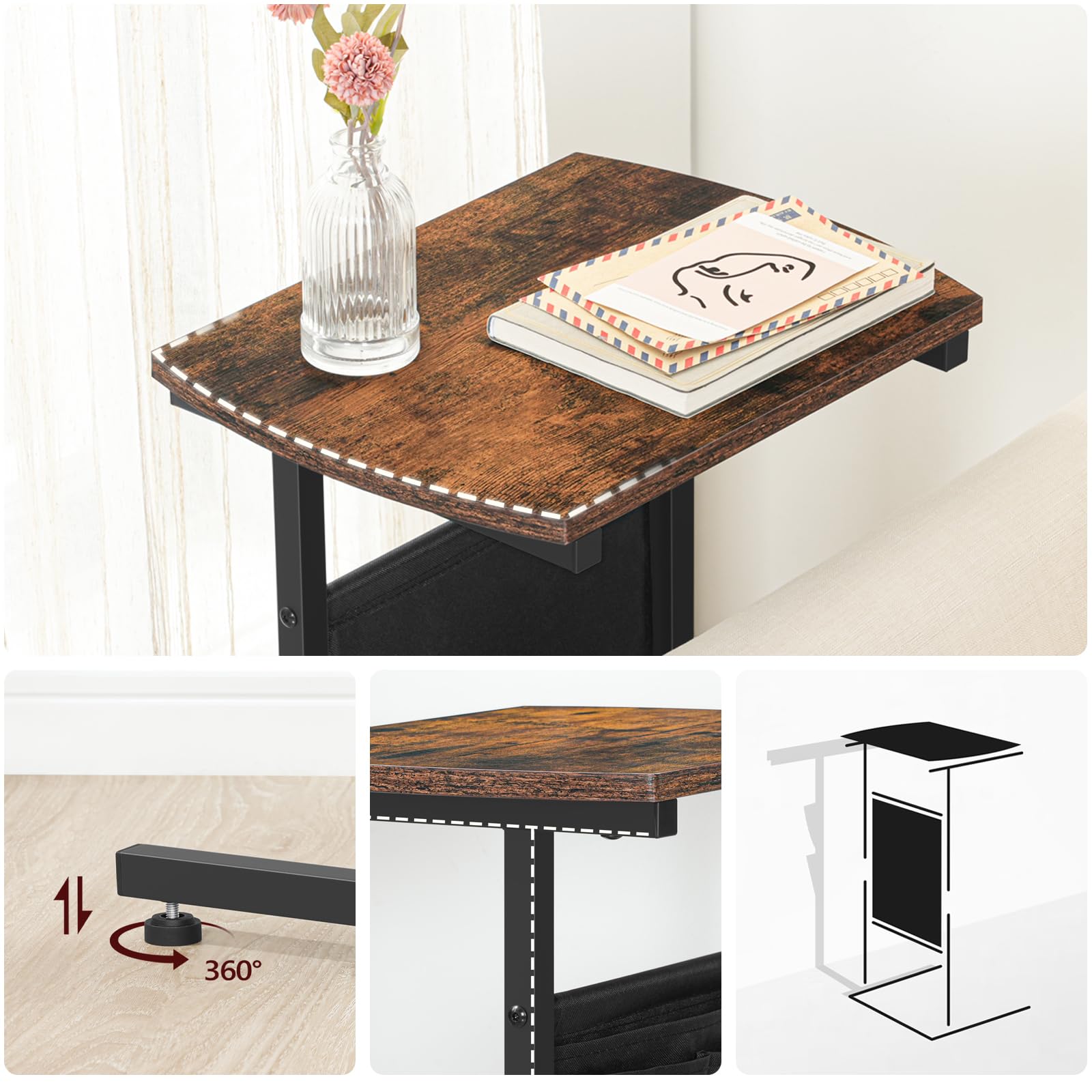 Wall-mounted wooden table with a cake and vase on top, shown from multiple angles.
