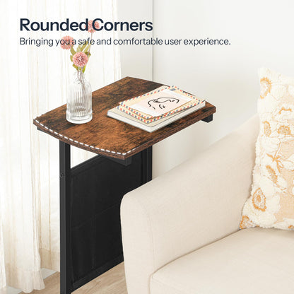 Wall-mounted wooden table attached to a white couch with decorative items on it, featuring text about rounded corners.