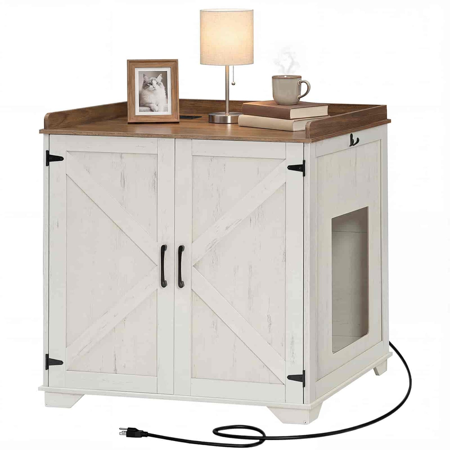 White corner cabinet with wooden top, lamp, and decor items on a white background