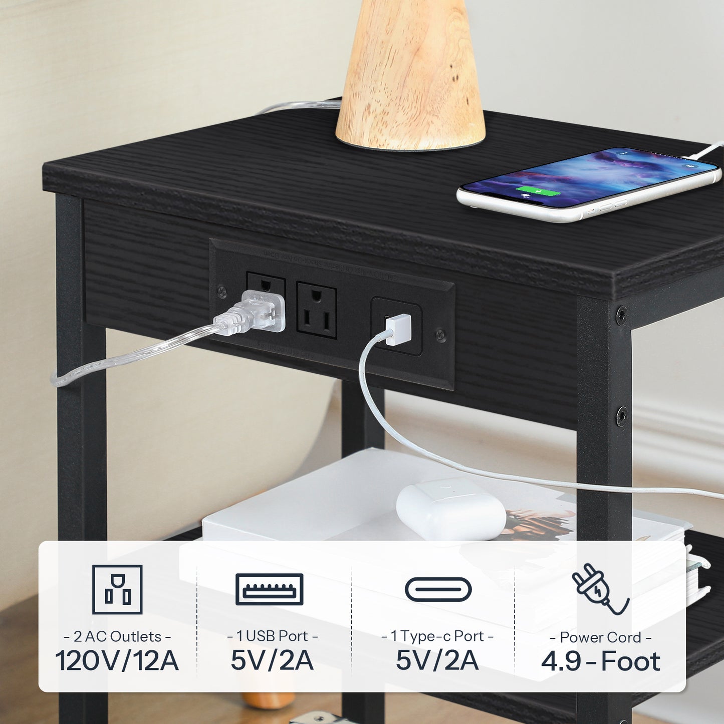 HOOBRO 3-Tier Side Table with Charging Station & USB Port