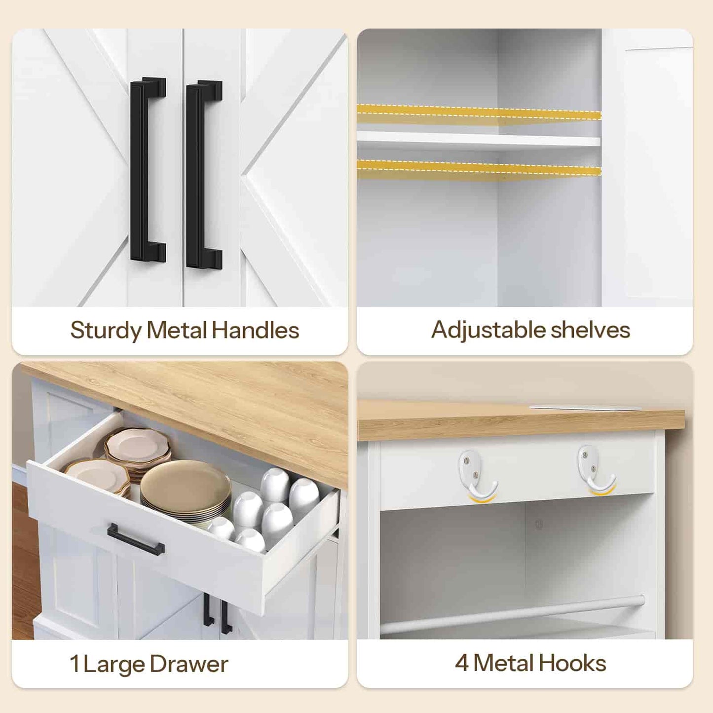 Collage of a kitchen cabinet with features labeled: sturdy metal handles, adjustable shelves, large drawer, and metal hooks.