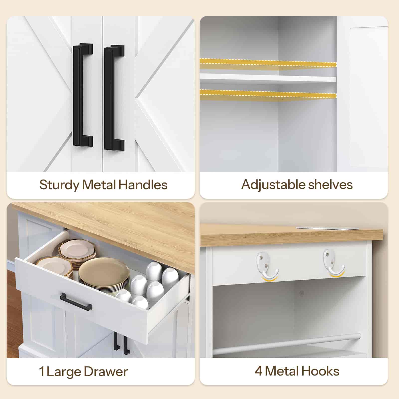 Collage of a kitchen cabinet with features labeled: sturdy metal handles, adjustable shelves, large drawer, and metal hooks.