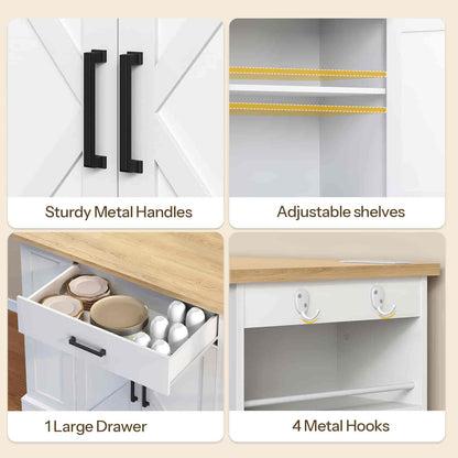Collage of a kitchen cabinet with features labeled: sturdy metal handles, adjustable shelves, large drawer, and metal hooks.