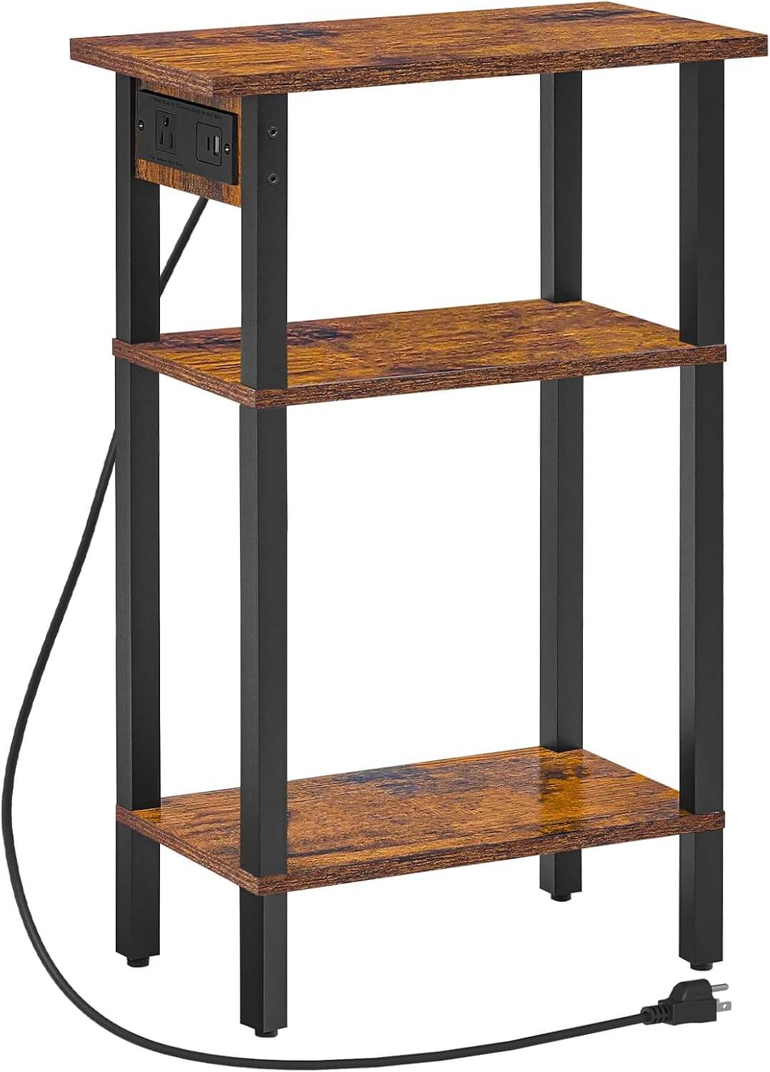 HOOBRO Narrow Side Table, 3-Tier Slim End Table with Charging Station, Skinny Nightstand with Open Storage, for Small Spaces, Living Room, Bedroom, Study, Rustic Brown and Black